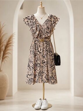 H&M Animal Print Ruffle Dress Gold Buckle Mini Blush Pink Size 2